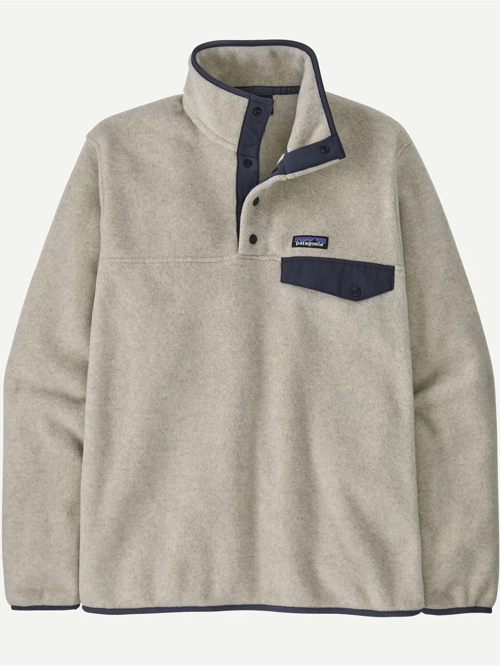 Men’s Patagonia Synchilla Oatmeal Heather Fleece Pullover with Navy Trim